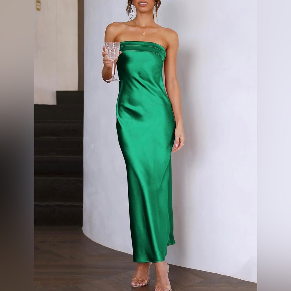 Green Silk strapless, backless dress